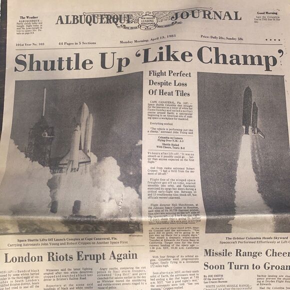 Shuttle Up ‘Like A Champ’ Albuquerque Journal April 13, 1981 Main Section - Picture 1 of 10